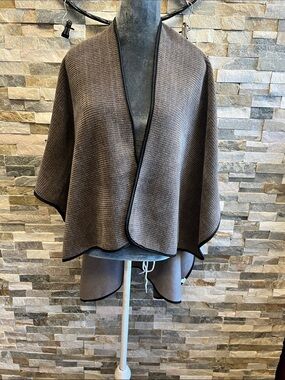 Open-Front Ribbed Cape Poncho - Taupe with Black Trim
